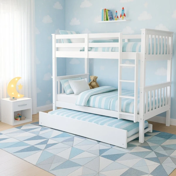 Minerva Vicawu wooden bunk bed with pull-out trundle drawer in decorated bedroom with pastel bedding
