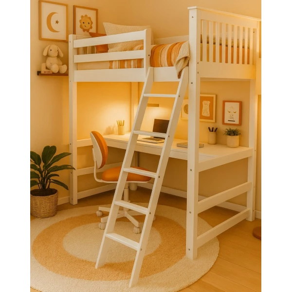 White loft bed with desk in a styled kids’ bedroom – Sophia model by Vicawu
