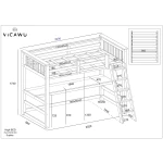 Technical diagram of the Sophia Vicawu loft bed with desk, showing detailed measurements and structural dimensions