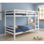 White wooden bunk bed in a blue kids bedroom with simple modern decor