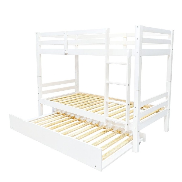 White wooden bunk bed with pull-out trundle and slatted base on white background