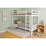 White wooden bunk bed with pull-out trundle in decorated kids room