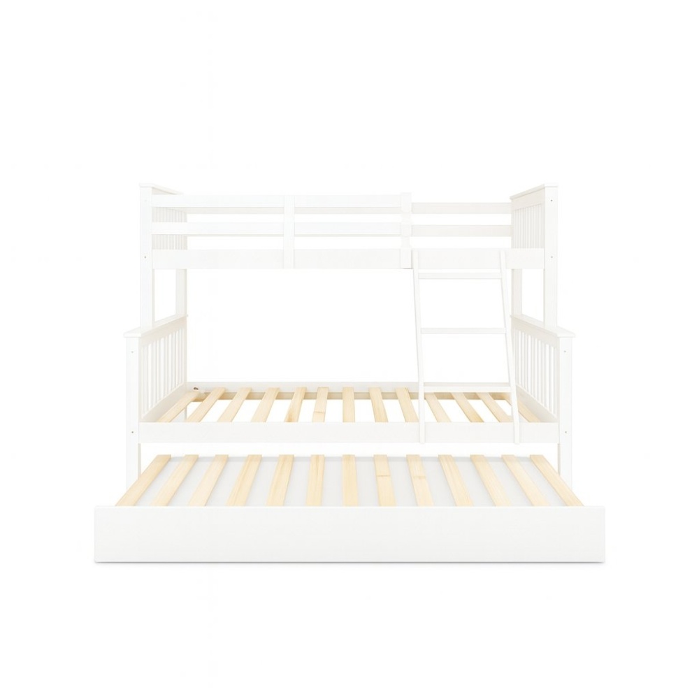 White wooden bunk bed Arenas Vicawu with pull-out trundle bed and slatted base, front view
