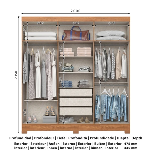 Siena Vicawu 6-door wardrobe dimensions with internal measurements