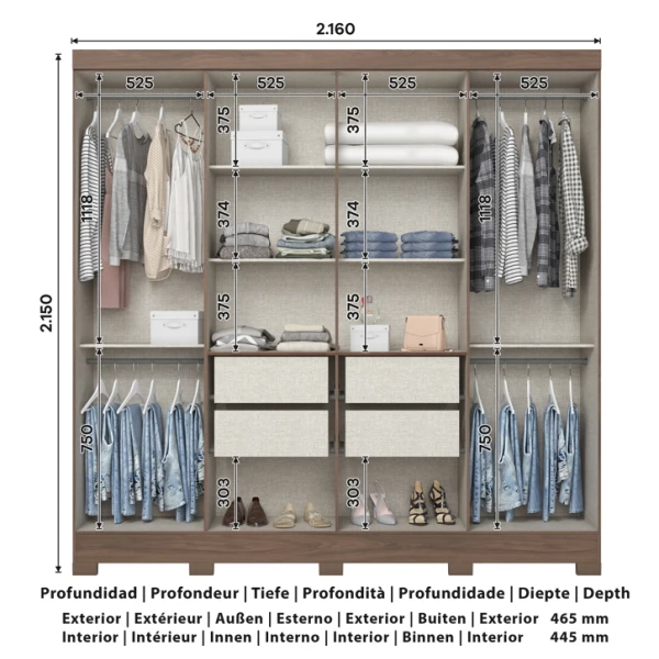 Dimensions Bristol 8 door wardrobe Vicawu, interior and exterior measurements for planning bedroom space