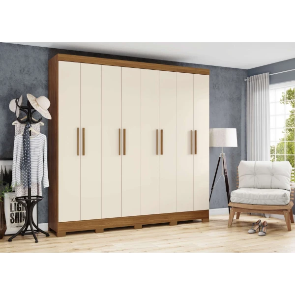 Bristol 8 door wardrobe Vicawu in cosy bedroom setting, wood and off white finish for modern home décor
