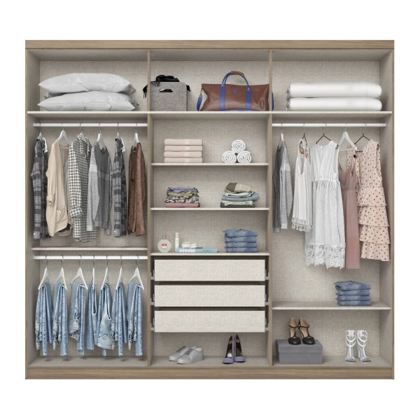 Open view of Sirius 6-door bedroom wardrobe with shelves, drawers and hanging space – Vicawu