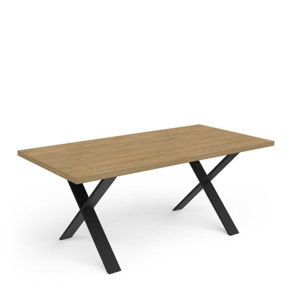Industrial dining table Cross Vicawu with metal X legs and dark oak top, modern industrial style