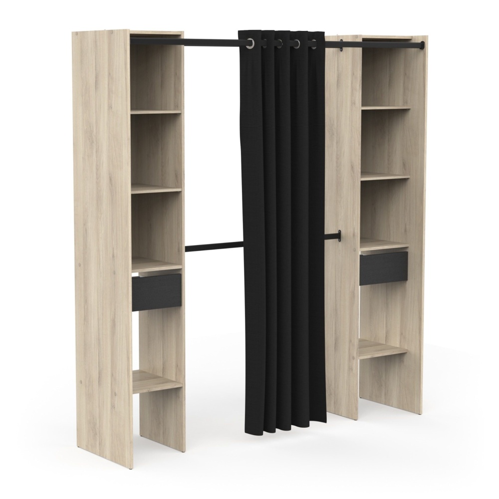 Open wardrobe Bastet Plus Vicawu with curtain and drawers, modern storage with shelves and hanging rail