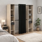 Bastet Plus Vicawu open wardrobe styled in modern bedroom, curtain and drawers included