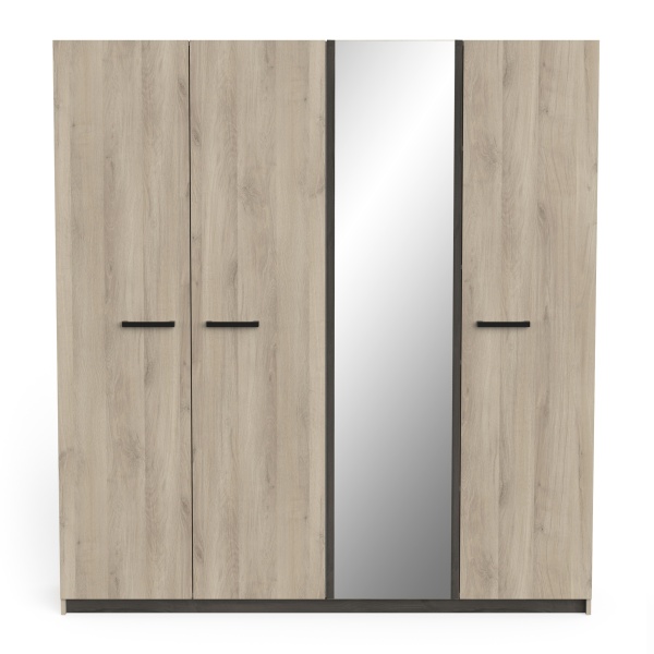 4-Door Oak Bedroom Wardrobe with Central Mirror, Modern Design