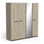 4-Door Oak Wardrobe with Mirror and Black Handles, 179x192 cm