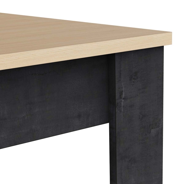 Kent Vicawu dining table detail, light oak top and graphite grey structure