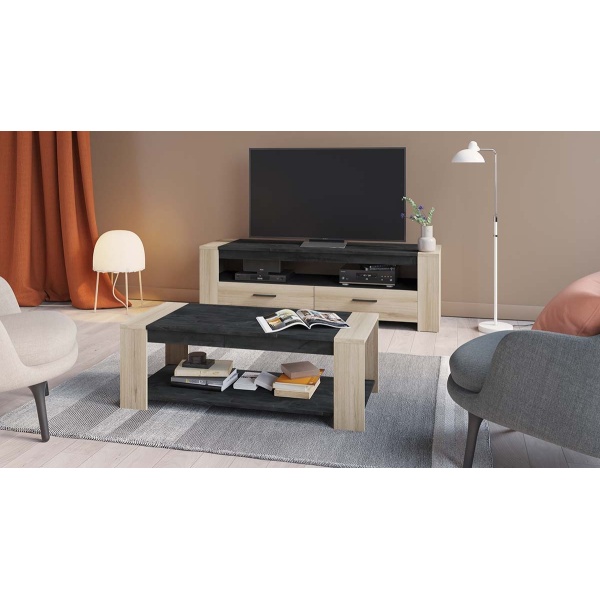 Sheffield Living Room Set: TV Unit and Matching Coffee Table, Oak and Grey Finish