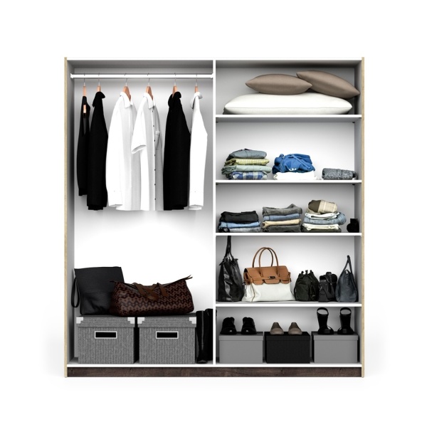 Wardrobe interior with hanging rail and shelves, organised storage layout, Nord Mirror Vicawu