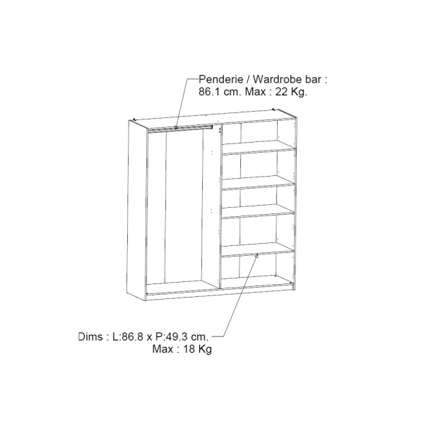 Wardrobe dimensions diagram with hanging rail and shelf load capacity, Nord Mirror Vicawu