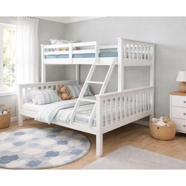 White wooden Arenas Vicawu matrimonial bunk bed in decorated bedroom with 90x190 top and 140x190 bottom mattresses
