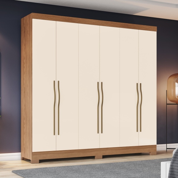 Wilsor 6 Door Bicolour Wardrobe styled in a modern bedroom, oak and beige finish