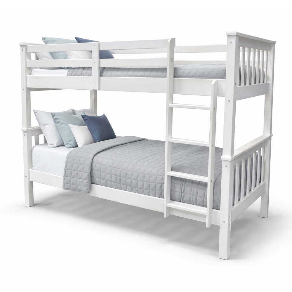 Minerva Vicawu white wooden bunk bed with side ladder and bedding, 90x190 cm