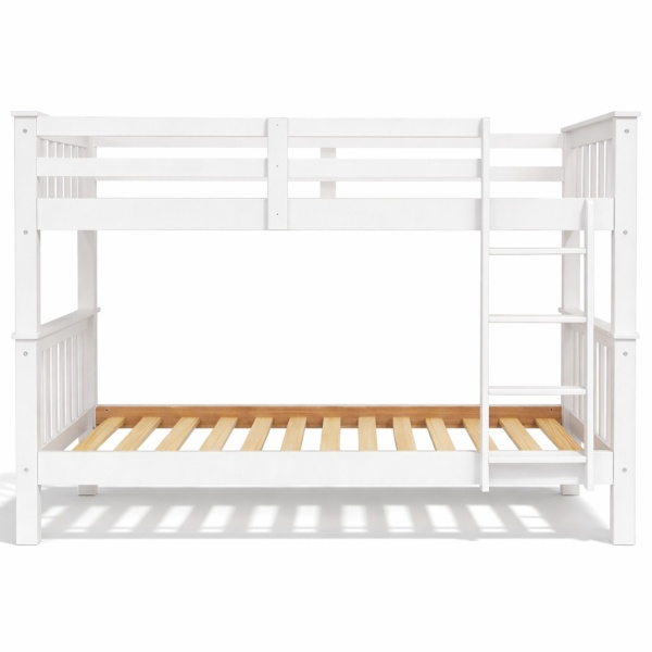 Minerva Vicawu white bunk bed front view with side ladder and slatted base, 90x190 cm