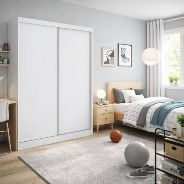 Soyo reversible sliding door wardrobe in white, modern bedroom with minimalist décor