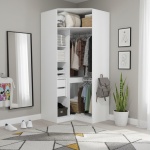 Txokoa Corner Wardrobe in white with shelves and hanging rail, modern corner storage unit