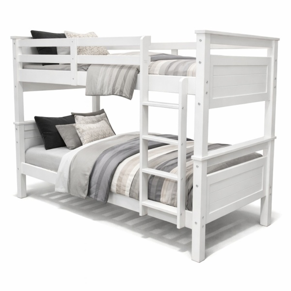 Titan Vicawu white wooden bunk bed styled with modern bedding and sturdy frame