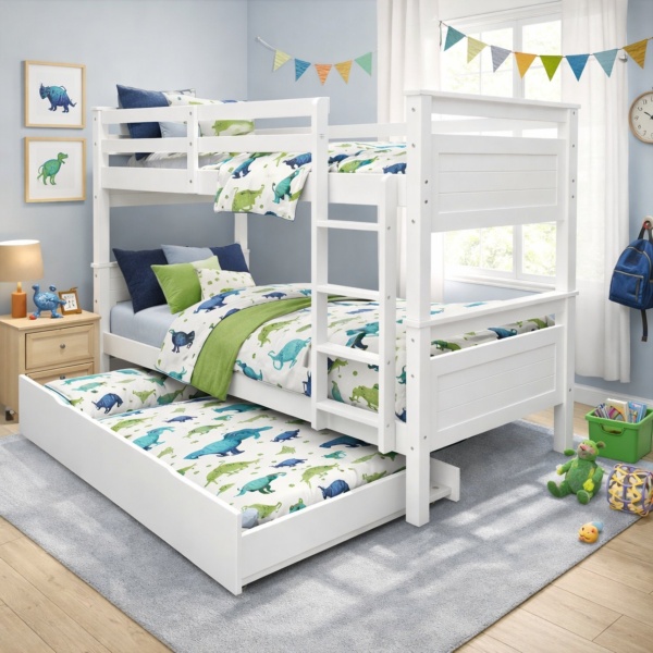 Titan Vicawu white wooden bunk bed with pull out trundle in modern kids bedroom