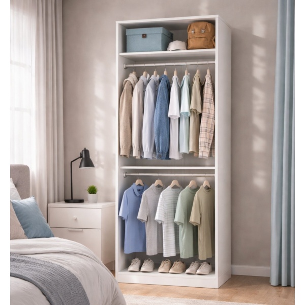 80 cm double rail wardrobe Picolo white with top shelf, modern compact design