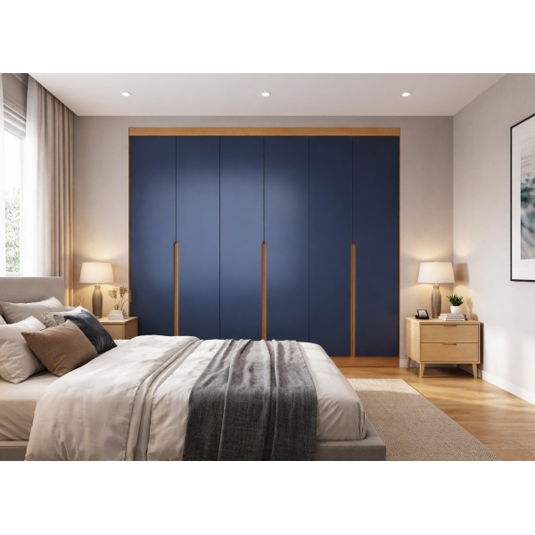 Esky 6 Door Wardrobe with Drawers in blue and oak, large storage capacity