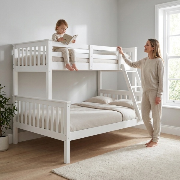 Arenas Vicawu white wooden double bunk bed in children’s bedroom with side ladder
