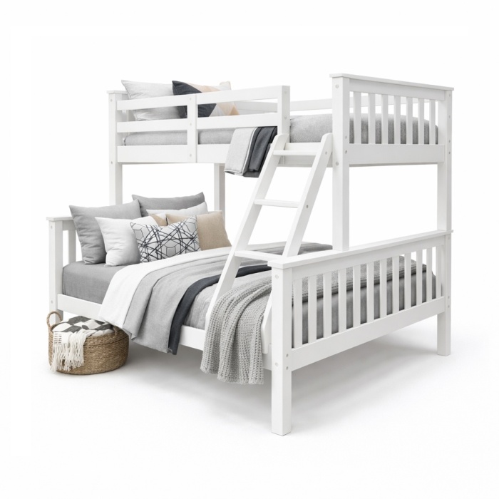 Arenas Vicawu white wooden double bunk bed with side ladder and safety guard rails