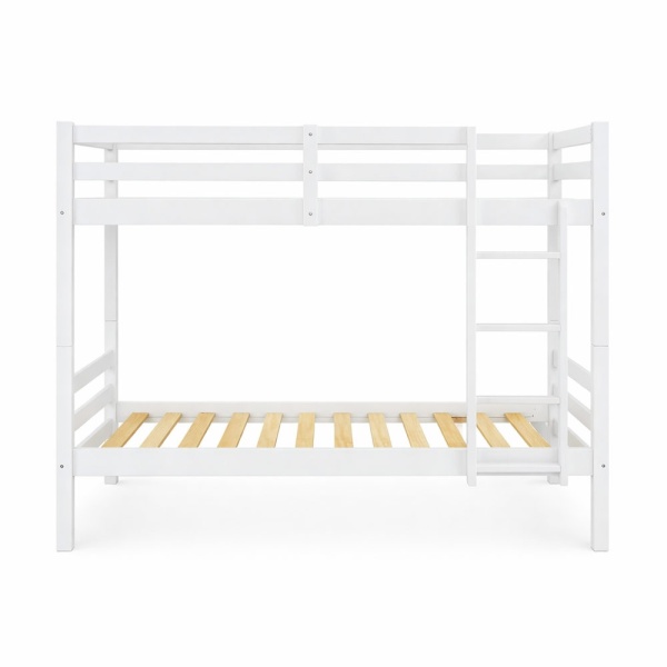 Front view of white Atlas Vicawu wooden bunk bed with slatted base, clean design and solid structure
