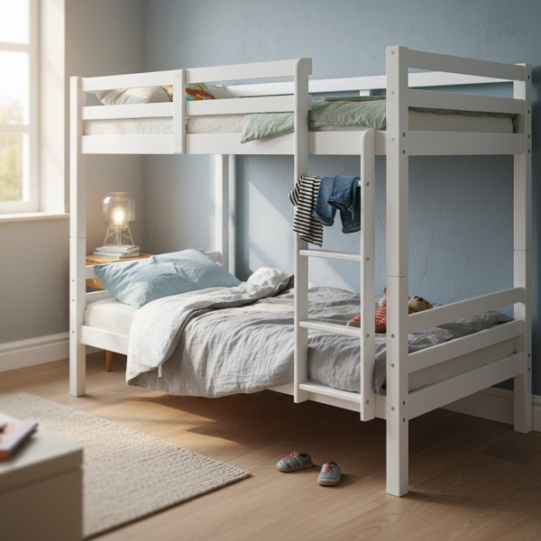 Atlas Vicawu white wooden bunk bed in modern kids bedroom, sturdy pine frame with ladder
