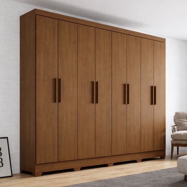 Bristol 8 door wardrobe Vicawu in cosy bedroom setting, wood and chestnut finish for modern home décor