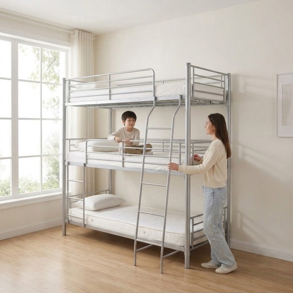 Metal bunk bed with ladder and guardrails, modern design, child and mother in bright bedroom