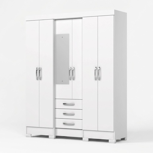 Antares wardrobe with mirror front white 6 doors and 3 drawers modern design