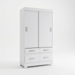 White sliding door wardrobe with four drawers, hanging rod, and shelves.