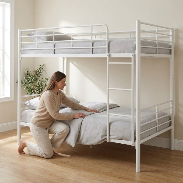 Practical and durable metal bunk bed. Divisible into 2 single beds. Ladder included. Full railing.