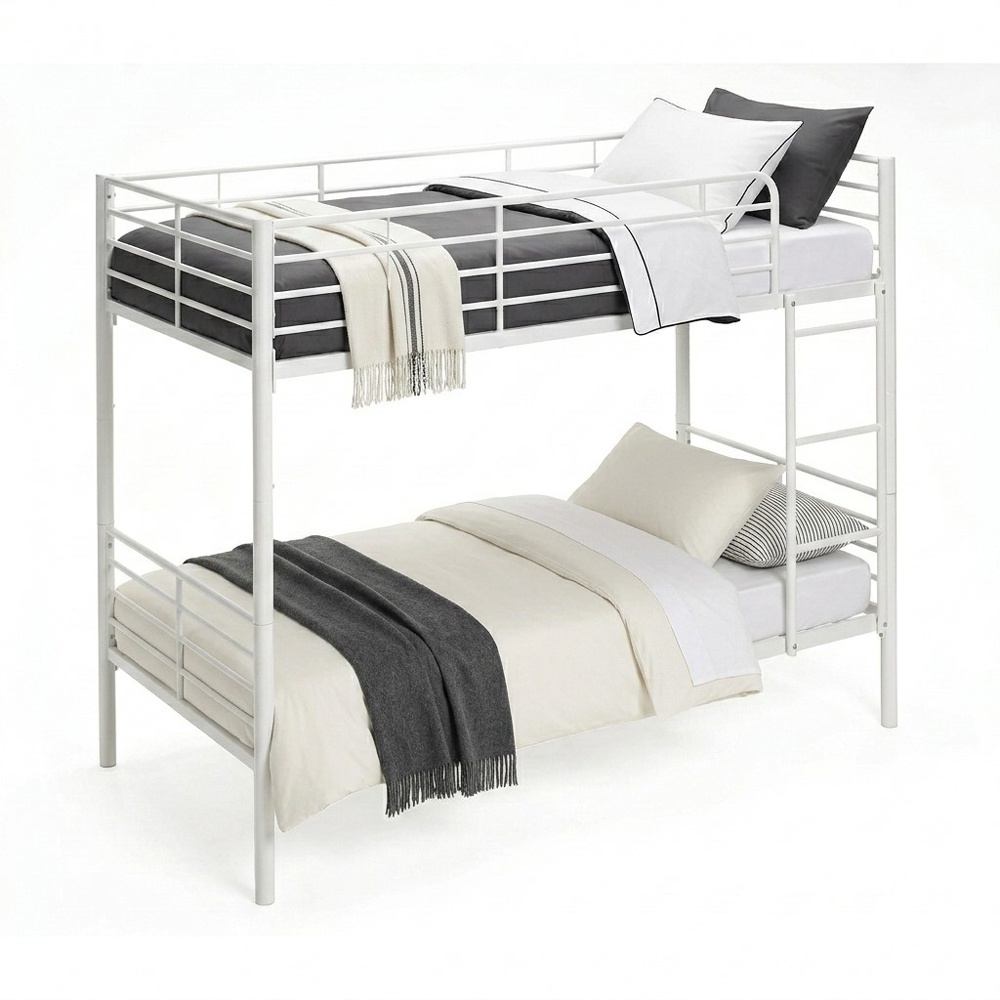 Practical and durable metal bunk bed. Divisible into 2 single beds. Ladder included. Full railing.