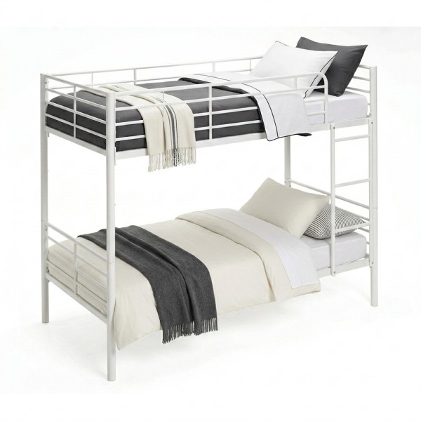 Practical and durable metal bunk bed. Divisible into 2 single beds. Ladder included. Full railing.