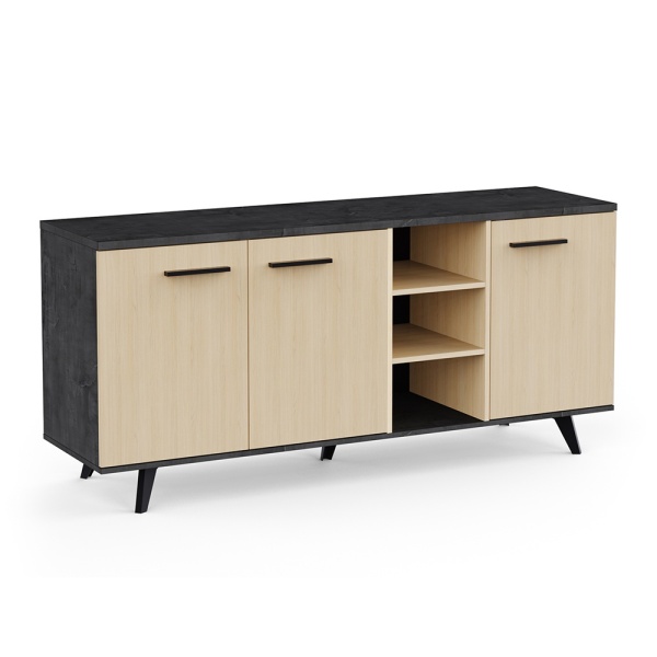 Keny Vicawu 3-door sideboard in light wood and graphite grey with shelves and modern metal legs