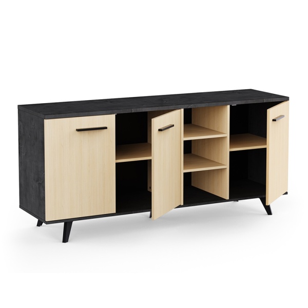 Keny Vicawu sideboard 3 doors with spacious storage and shelves, light wood and graphite grey finish