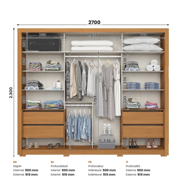 Dimensions of 270 cm Genius wardrobe with interior layout and optimised depth