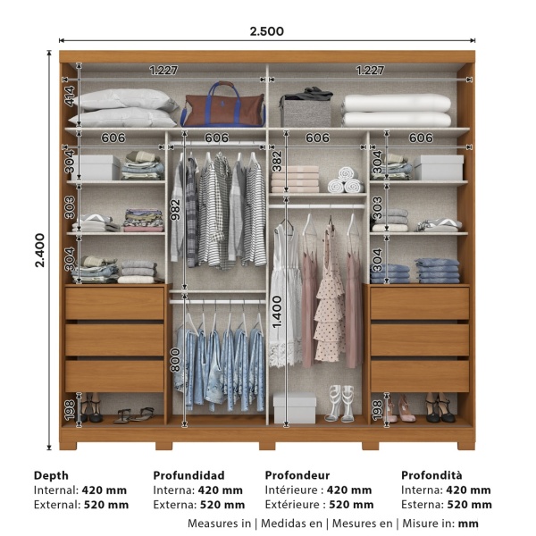 Rufus wardrobe dimensions 250x240 cm with interior layout and depth details