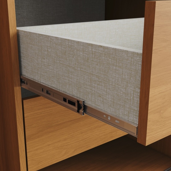 Drawer detail with metal runners on Rufus wardrobe, smooth and durable opening