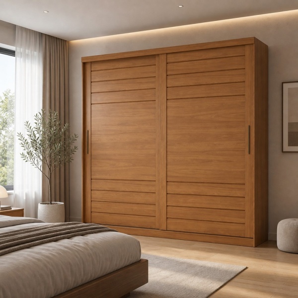 Rufus sliding door wardrobe in warm oak finish, contemporary bedroom style