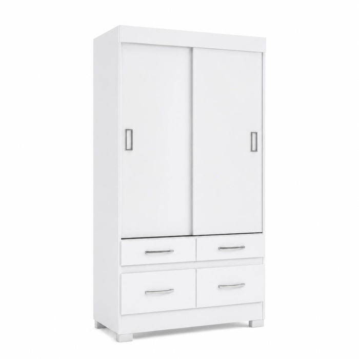 White sliding door wardrobe with four drawers, hanging rod, and shelves.